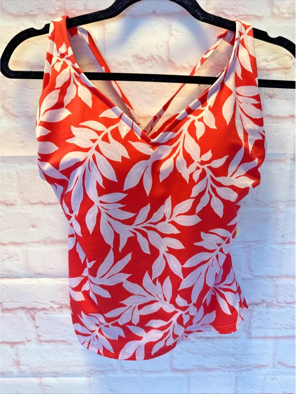 All in Motion Tankini Swim Top Coral Floral Double Criss Cross Strap 14W